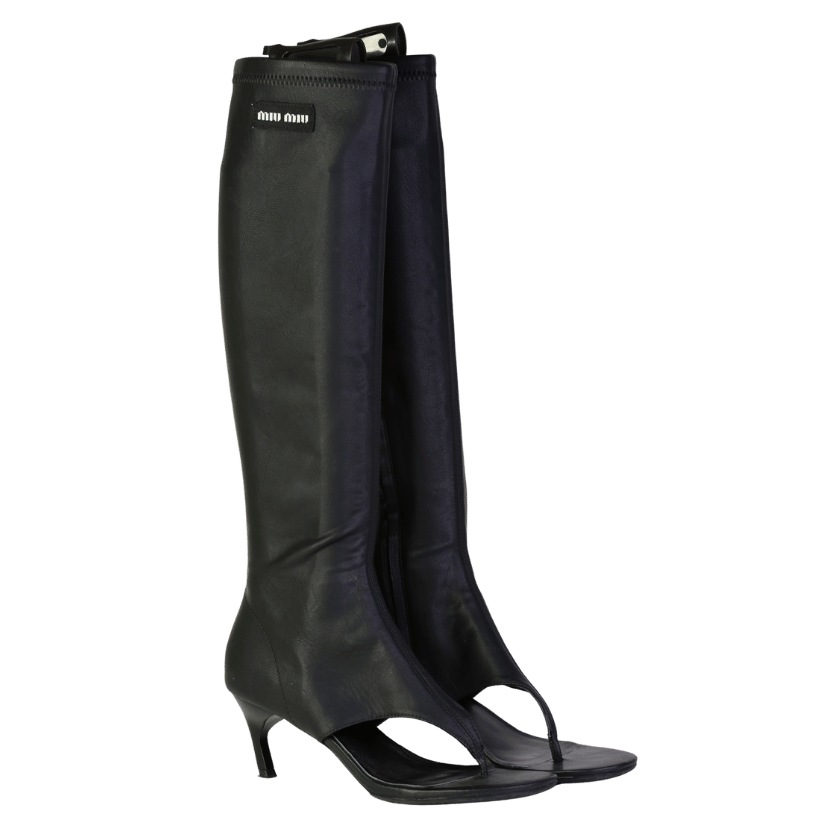 Miu Miu Black Nappa Leather Stretch Thong logo  Heel Boots UK 5 EU 38 👠