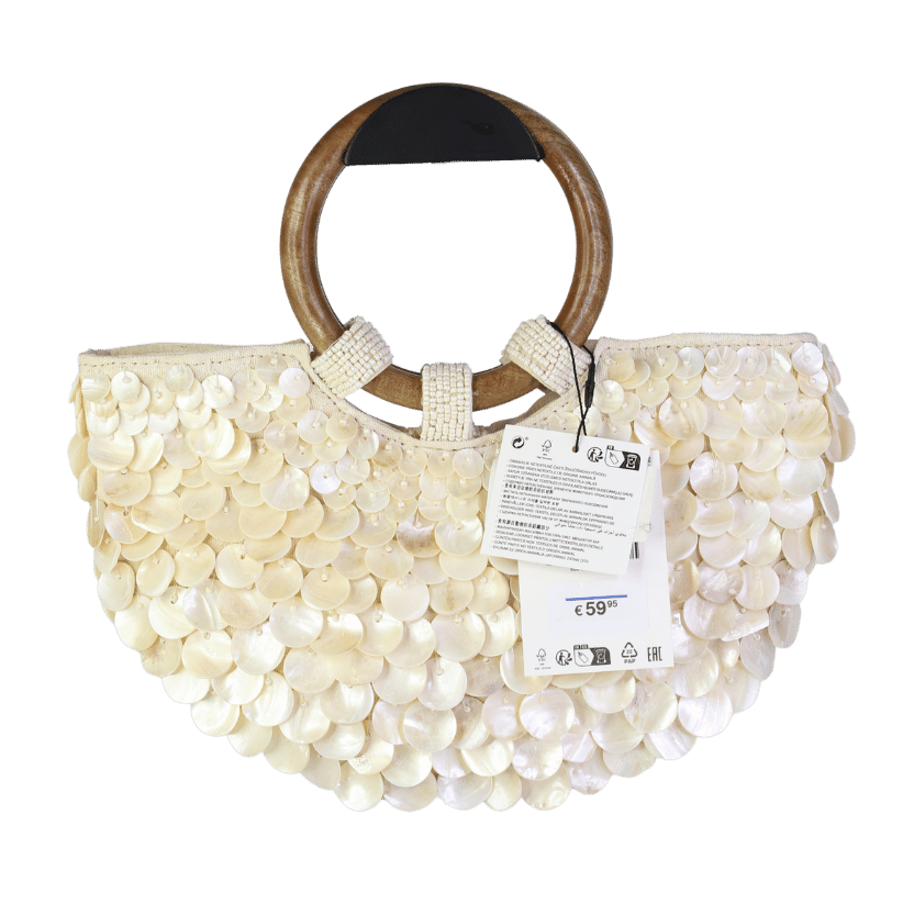 ZARA Cream Crteam Shell Embellished Bag With Wooden Handles And Gold Chain Strap One Size