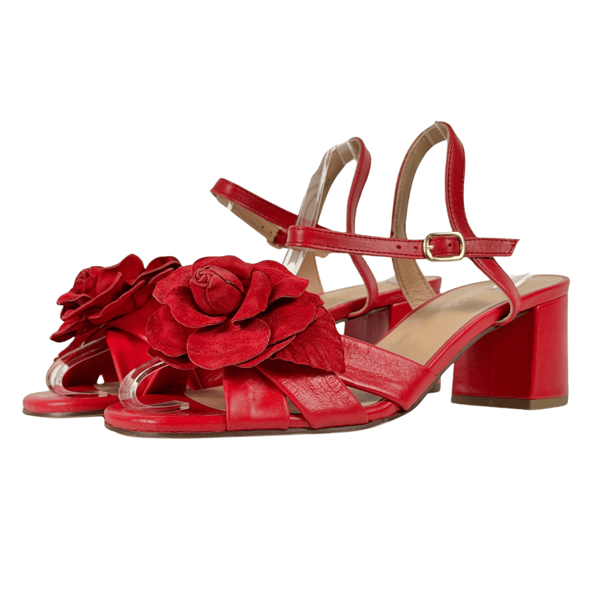 Air & Grace Flora: Red Leather & Flower Block Heel Sandals UK 9 EU 42