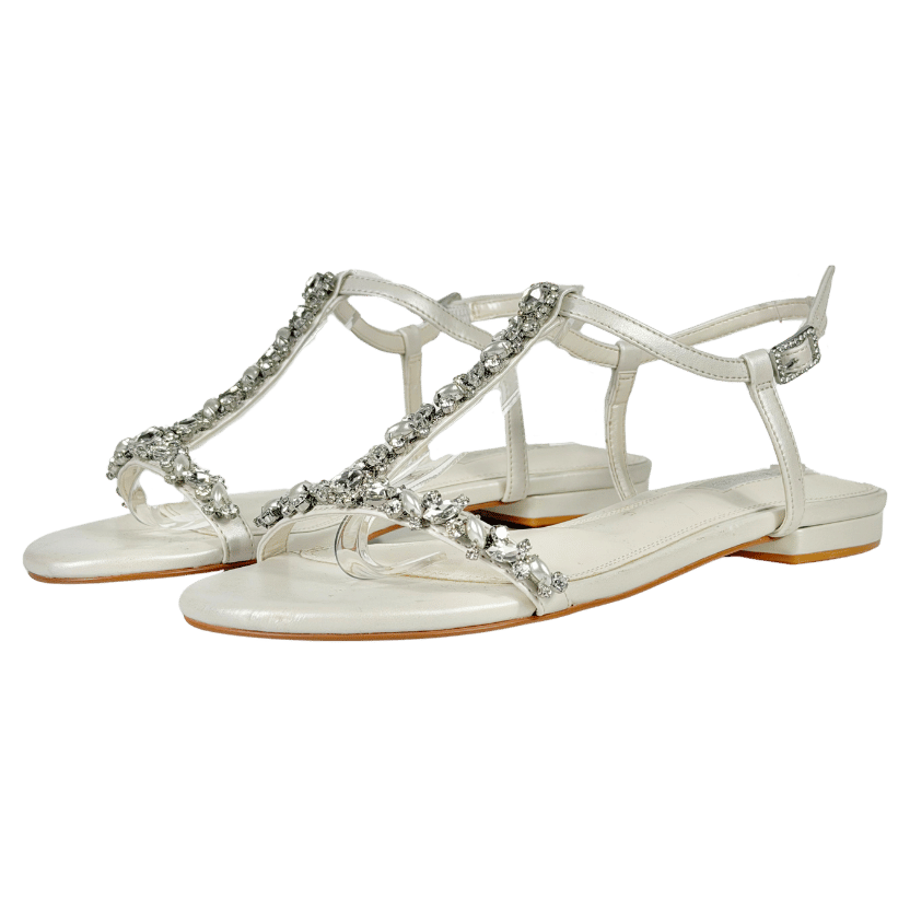 DUNE White Leather Embellished T-bar Sandals UK 4 EU 37 👠
