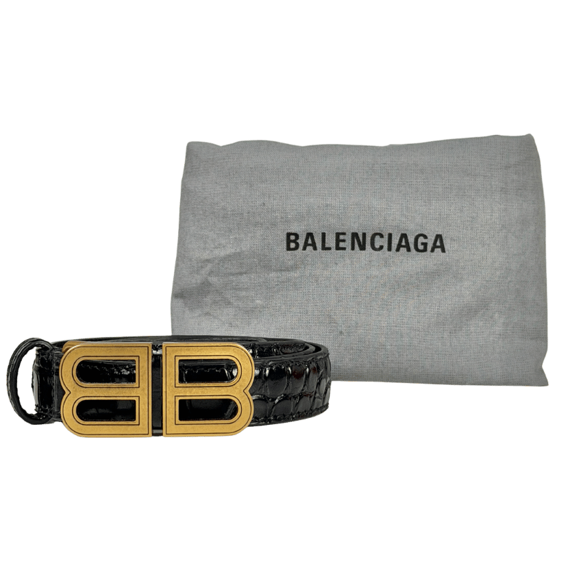 BALENCIAGA BB Thin Belt In Black Embossed Calfskin Leather 80cm One Size