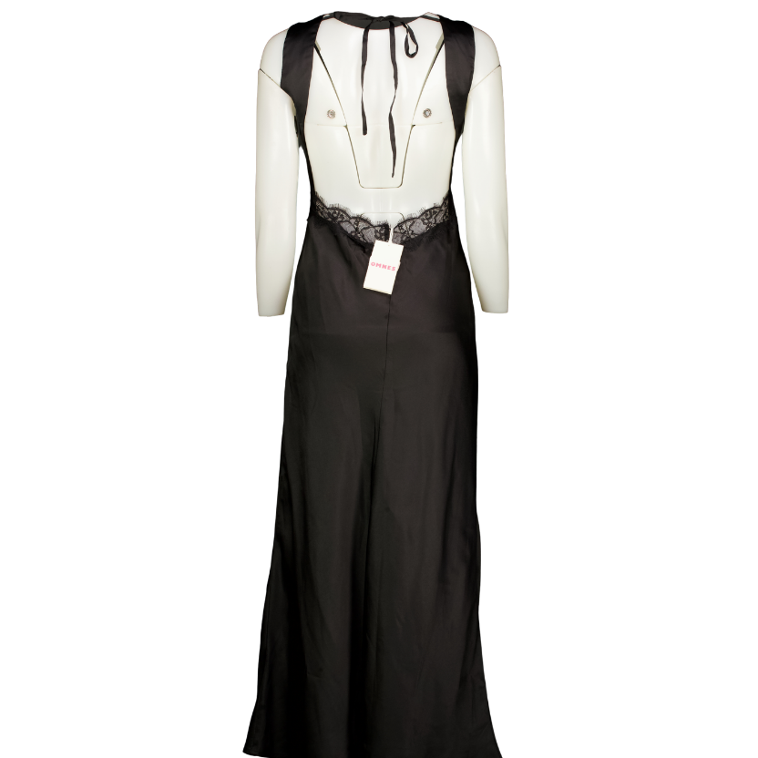 omnes Black Aurelia Lace Trim Satin Maxi Dress UK 8