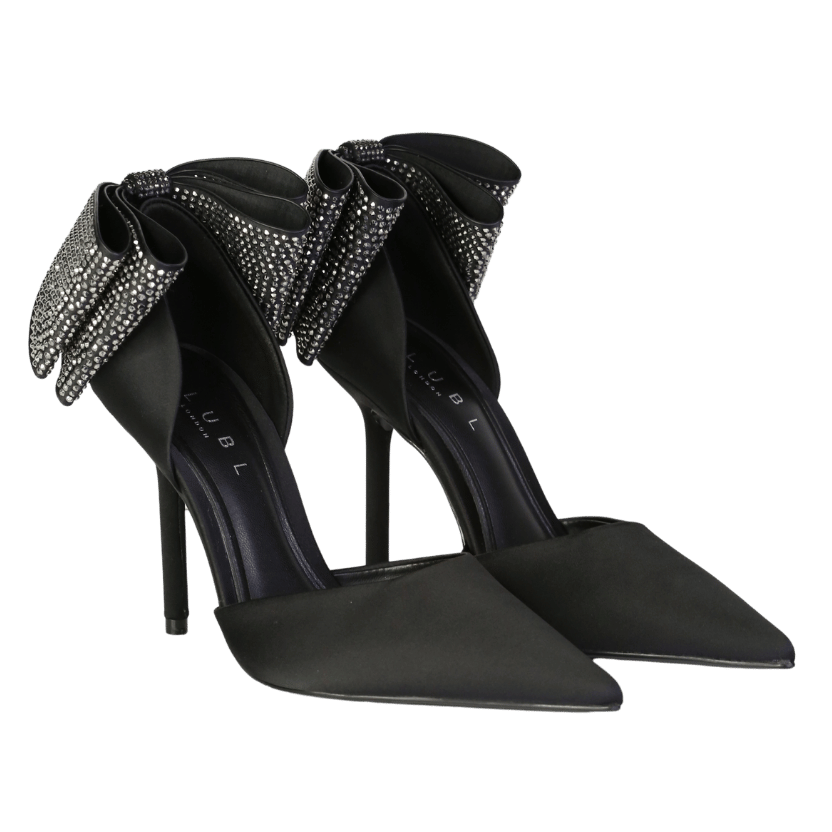 Club L Black Flashing Lights Satin Pointed Court Heels With Diamante Bows UK 4 EU 37