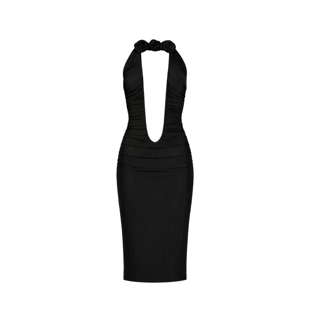 Magda Butrym Deep Plunge Neck Black Dress With 3d Roses Fr38 UK 10
