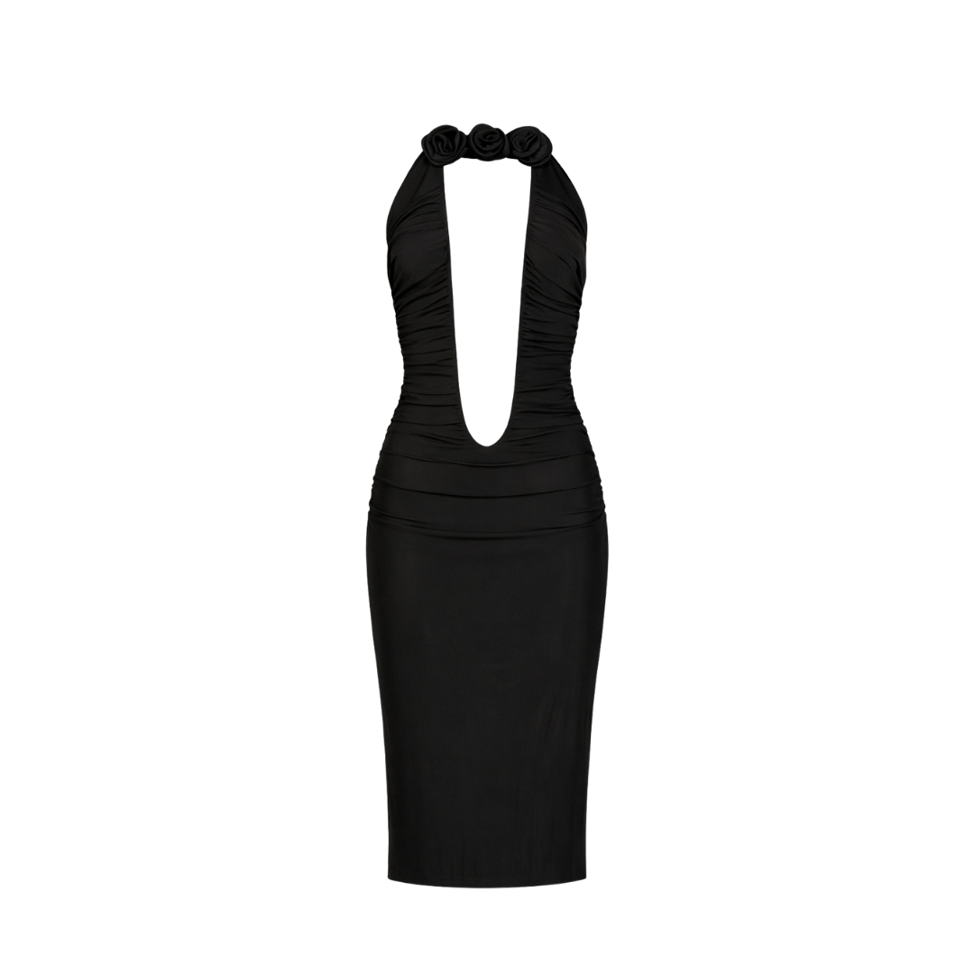 Magda Butrym Deep Plunge Neck Black Dress With 3d Roses Fr38 UK 10