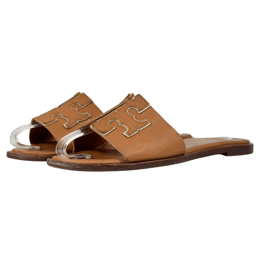 TORY BURCH Ines Flat Leather Slide Sandals Tan Brown Us6m UK 4 EU 37