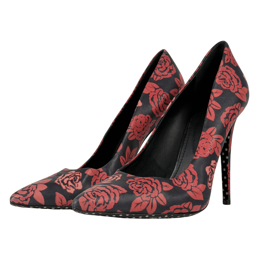 EMANUEL UNGARO Pink And Black Floral Print Pointed-toe Stiletto Shooes UK 7 EU 40