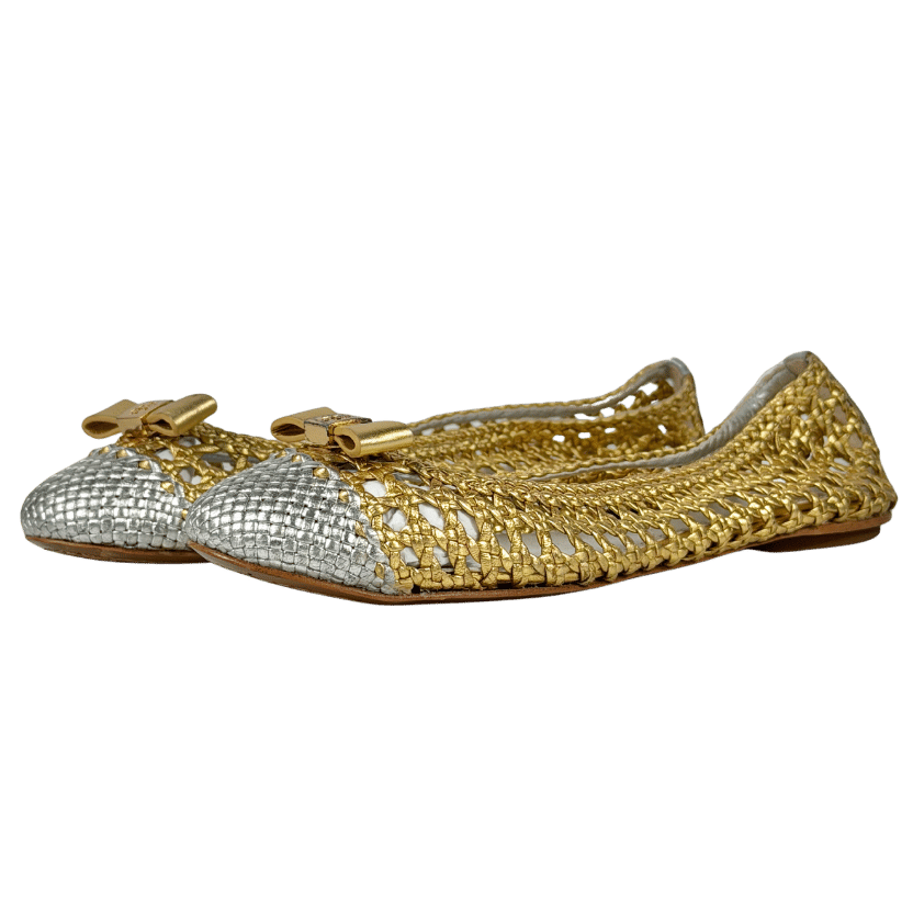 TORY BURCH Metallic Gold/silver Carlyle Woven Leather Bow Logo Ballet Flat Shoes UK 8
