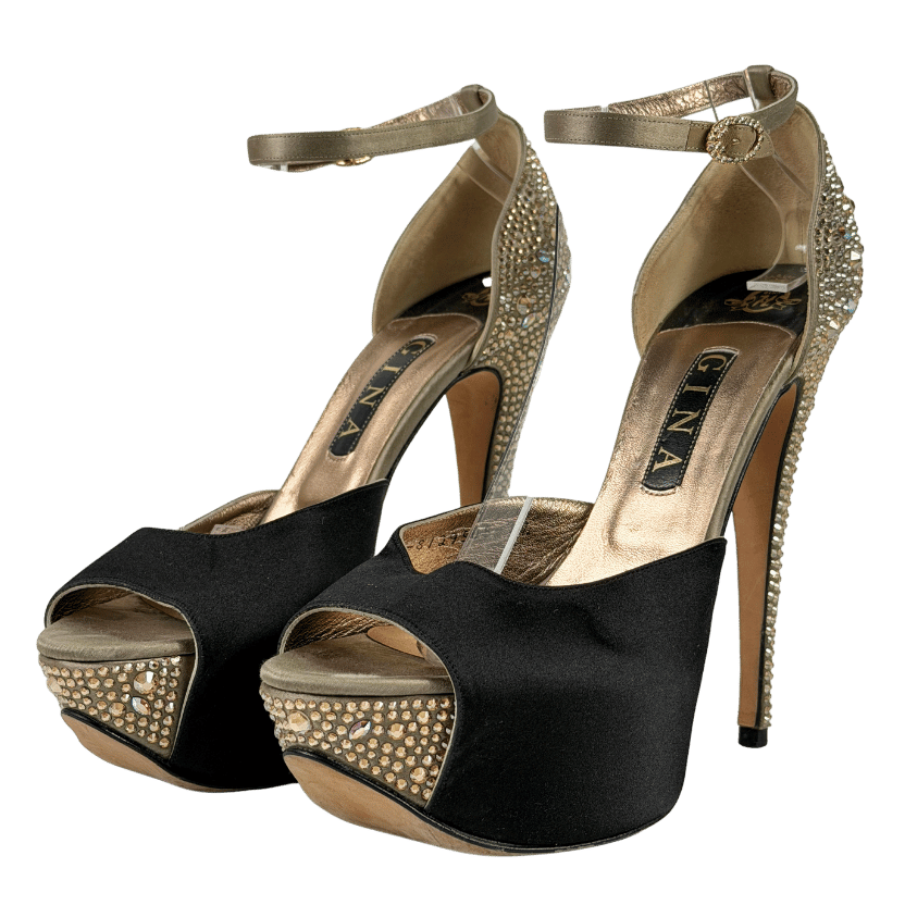 GINA Black / Gold Rhinestone-embellished Peep-toe Platform Pumps UK 7.5 EU 40.5 👠
