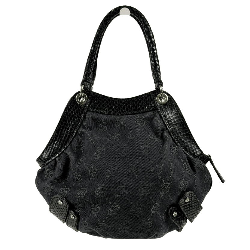 BLUMARINE Black Vintage Monogram Canvas  Leather Embellished Top Handle Bag