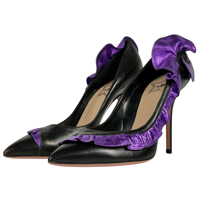 JF LONDON Black Leather Stiletto With Purple Frill Detail UK 6 EU 39 👠