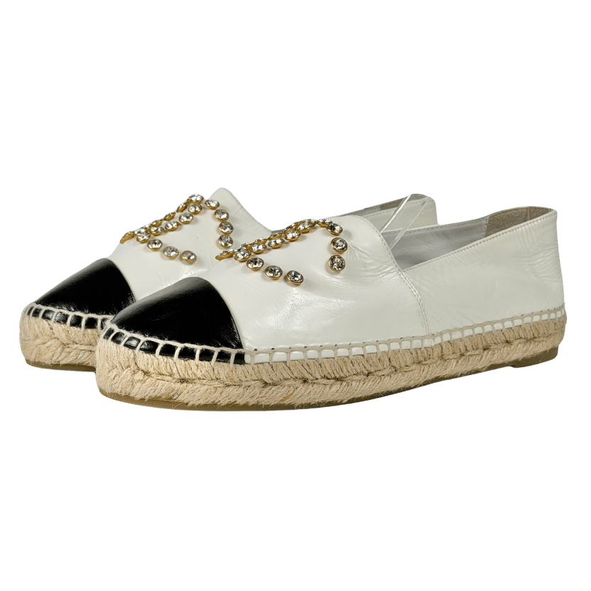CHANEL White / Black Leather Crystal CC Cap Toe Flat Espadrilles UK 5 EU 38 👠