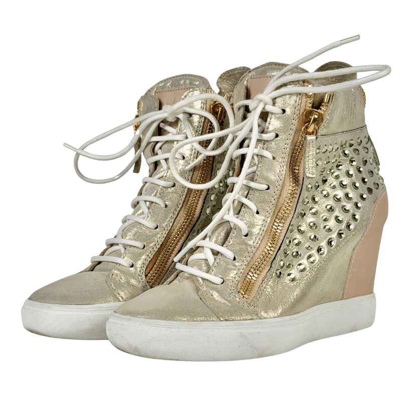 Giuseppe Zanotti Gold/beige Crystal Embellished Wedge Trainer UK 7 EU 40
