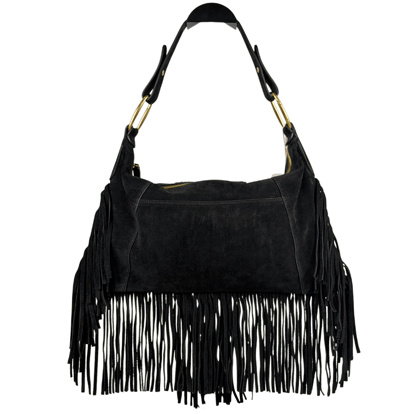 VANESSA BRUNO Black Epaule Fringed Suede Removable Strap Shoulder Bag One Size