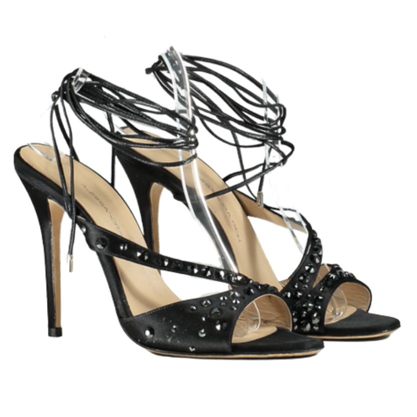 Alessandra Rich Black 100mm Visocse & silk satin Embellished sandals UK 7 EU 40