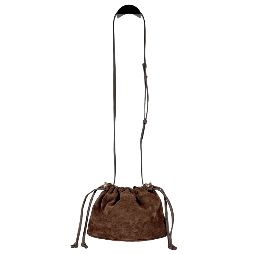 STRATHBERRY Chocolate Brown Suede Leather Charlotte Drawstring Bag