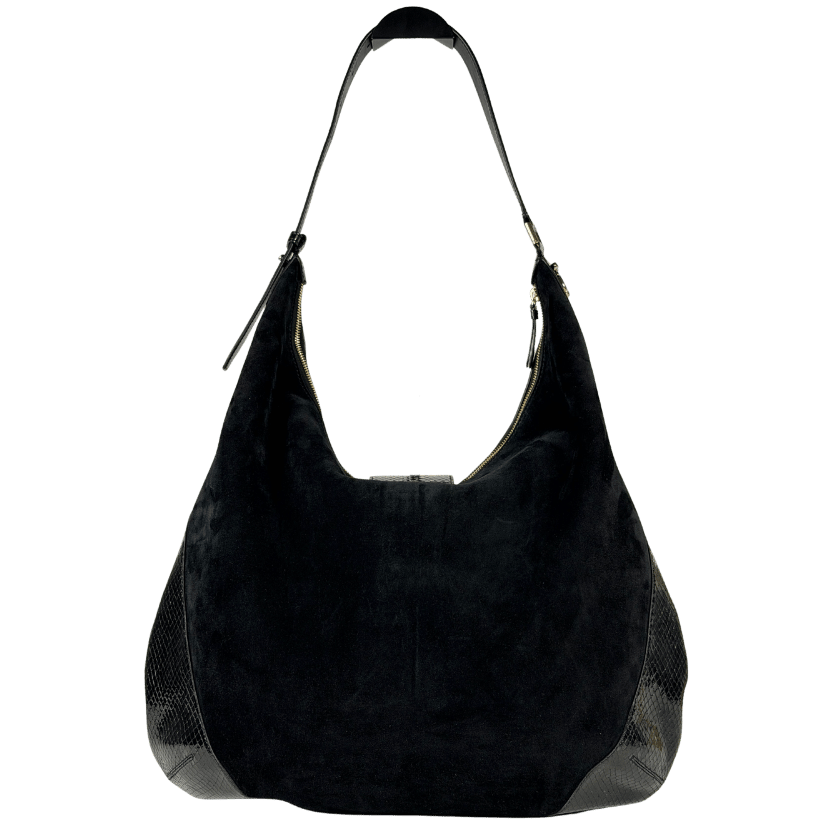 JIMMY CHOO Black Large Bar Hobo Suede Shoulder Bag