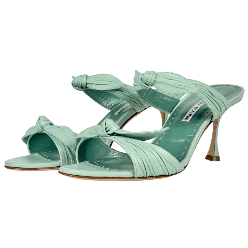 MANOLO BLAHNIK Mint Green Leather Lollo 70 Knot Mule Heels UK 7 EU 40
