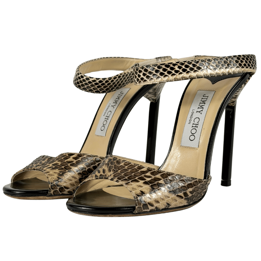 JIMMY CHOO Black / Snake Deckle Elaphe Heeled Mule Sandals UK 5 EU 38 👠