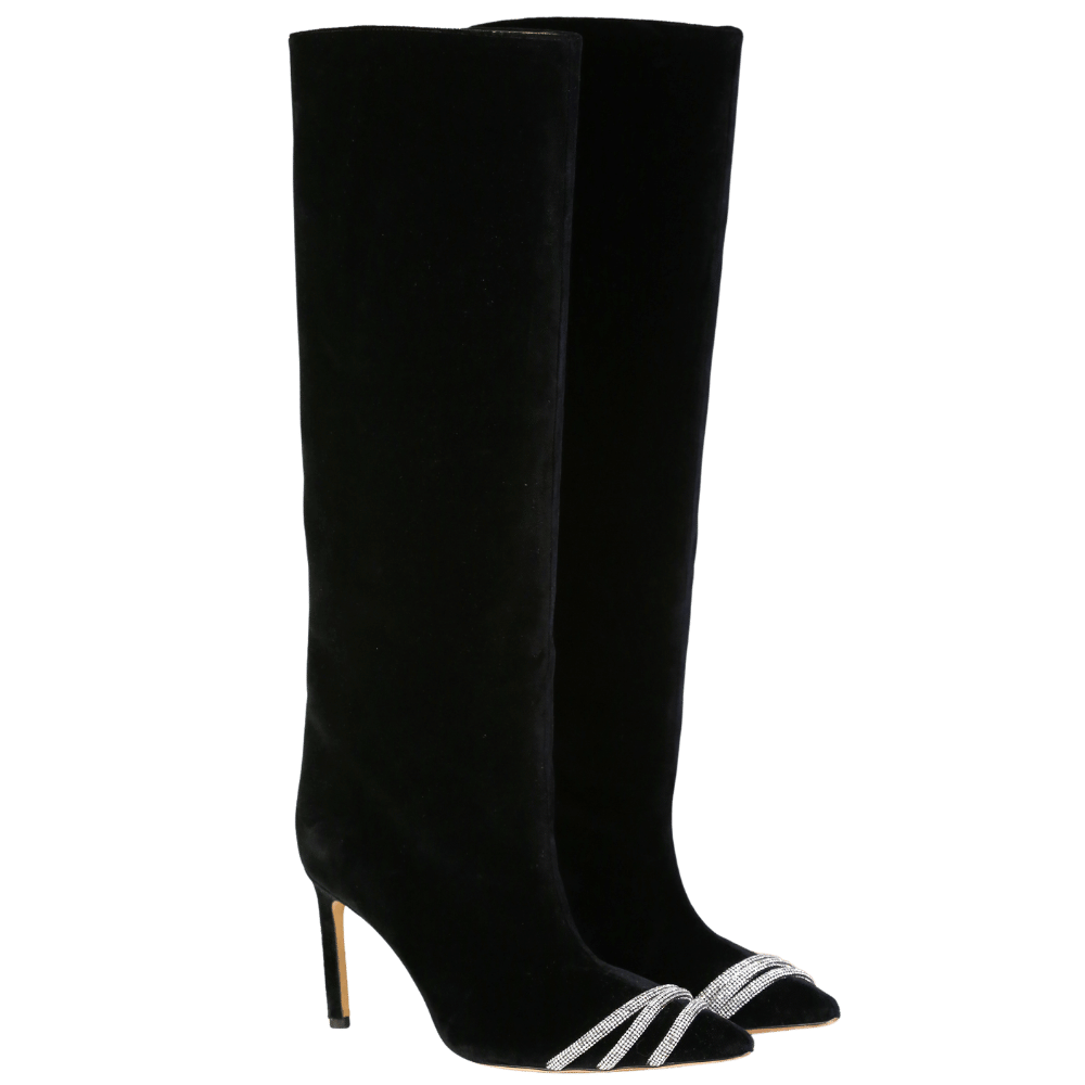 Bettina Vermillon Black Velvet Boots With Crystal Embellishment UK 4 EU 37 👠