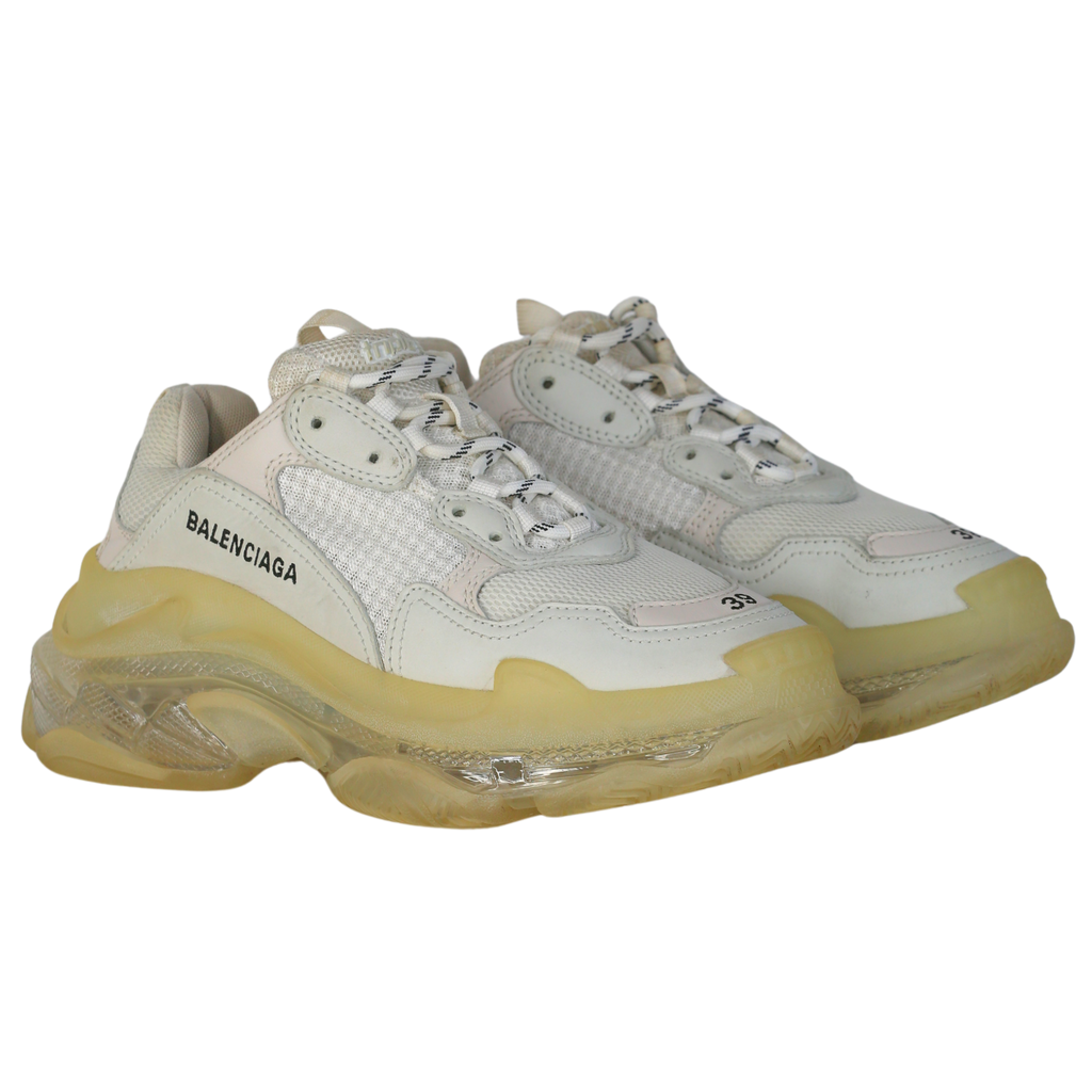 Balenciaga Cream Triple S Clear Sole Logo-embroidered Faux Leather And Mesh Sneakers UK 6 EU 39 👠