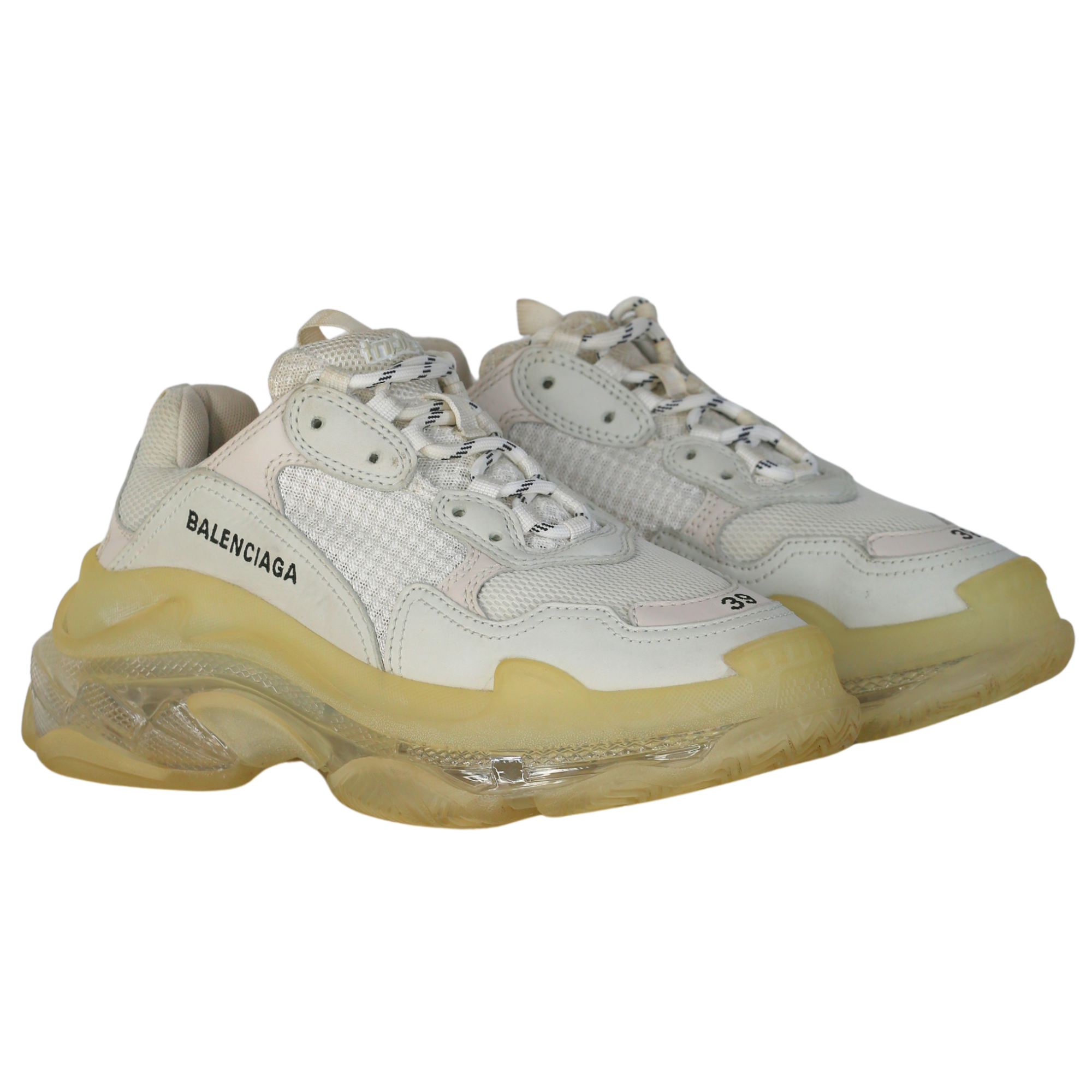 Balenciaga Cream Triple S Clear Sole Logo-embroidered Faux Leather And Mesh Sneakers UK 6 EU 39 👠