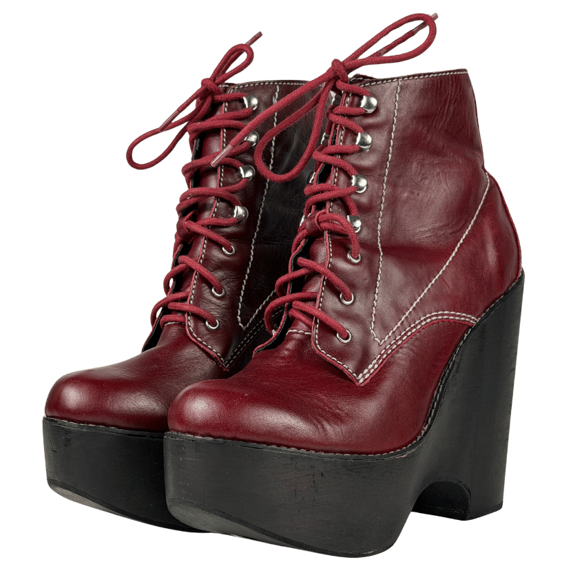 JEFFREY CAMPBELL Red Leather Lace Up Heeled Platform Ankle Boots UK 8 EU 41 👠