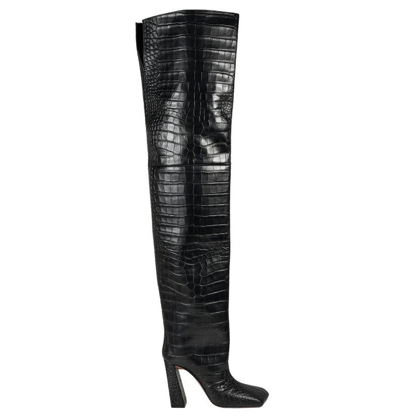 AMINA MUADDII Black Leather Croc Embossed Over-the Knee Boots UK 5 EU 38