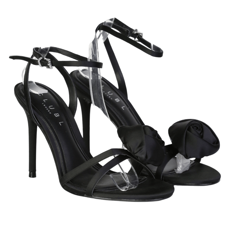 Club L Sweet Step Black Satin Strappy Heeled Sandals With Flowers UK 4 EU 37