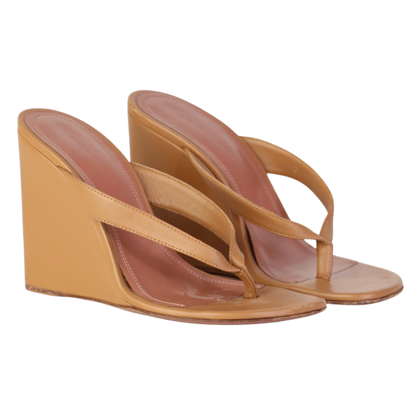 Amina Muaddi Beige Johana Leather Wedge Heels UK 4 EU 37 👠