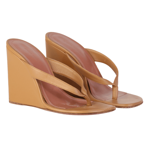 Amina Muaddi Beige Johana Leather Wedge Heels UK 4 EU 37