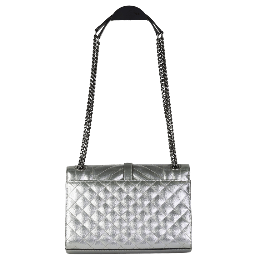 YSL Silver Leather Tri Quilt Monogram Medium Envelope Chain Bag