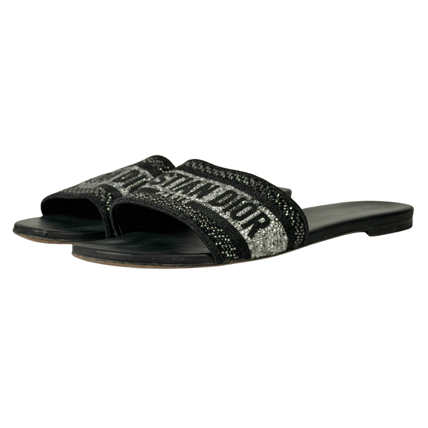 DIOR Black Black/silver Canvas Crystal Embellished Dway Flat Slides UK 5 EU 38