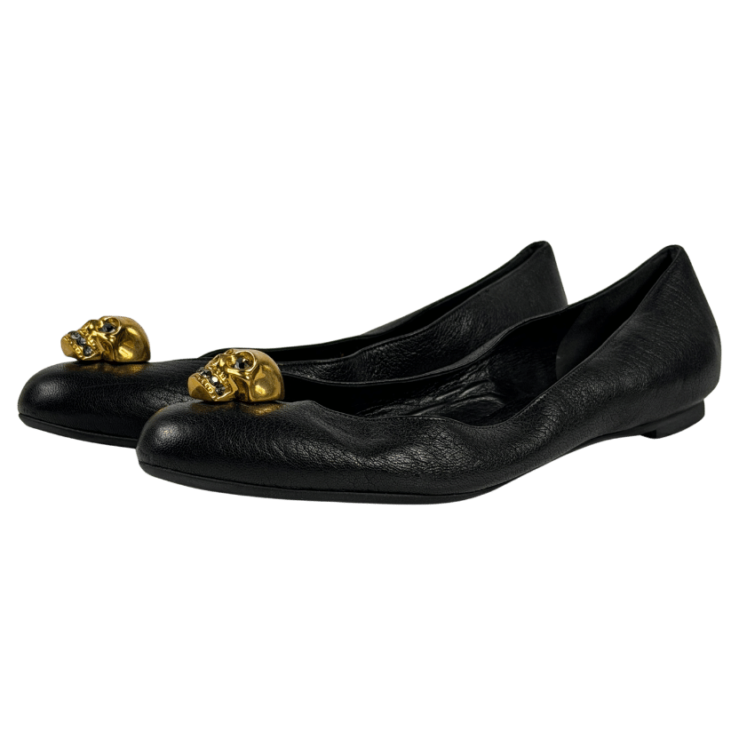 ALEXANDER MCQUEEN Black Leather / Gold  Skull City Ballet Flats UK 7.5 EU 40.5 👠