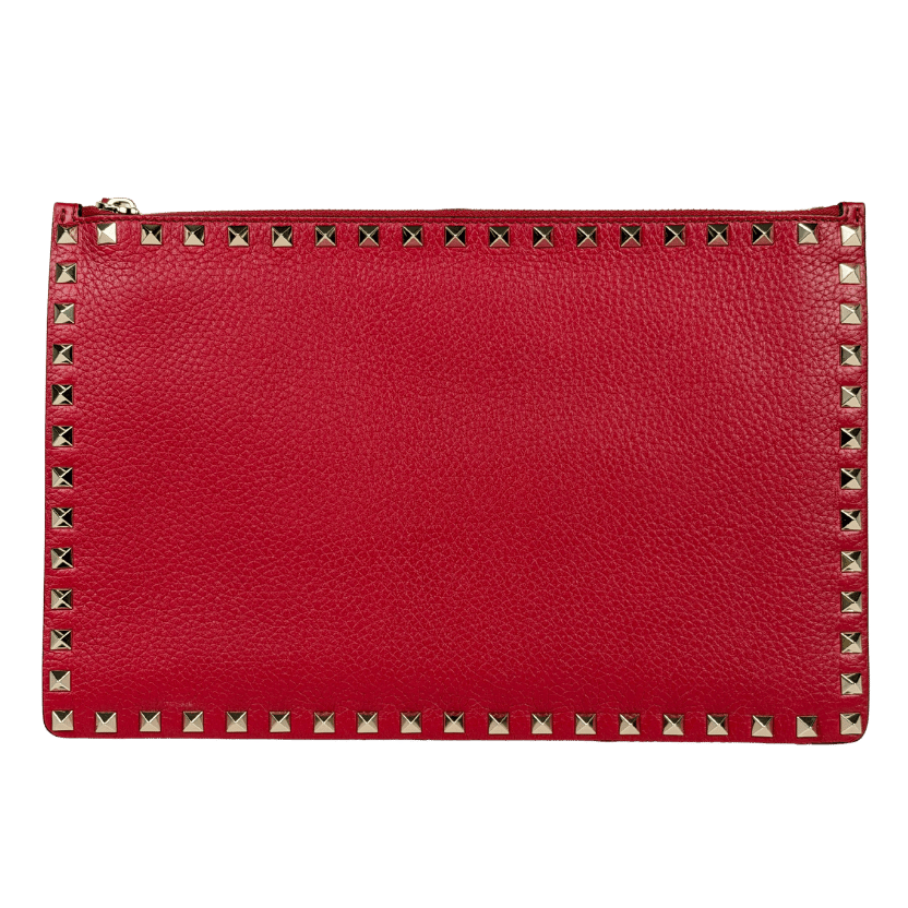 VALENTINO GARAVANI Large Grained Leather Rockstud Zip Pouch Clutch Bag - Red / Gold