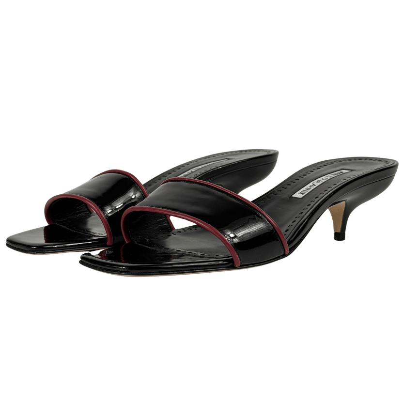 MANOLO BLAHNIK Hemalmu Black Patent Leather 50 Mid Kitten Heel Mules UK 7 EU 40 👠