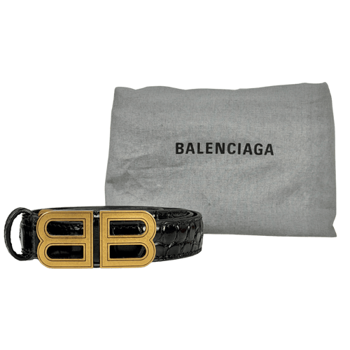 BALENCIAGA BB Thin Belt In Black Embossed Calfskin Leather 80cm One Size