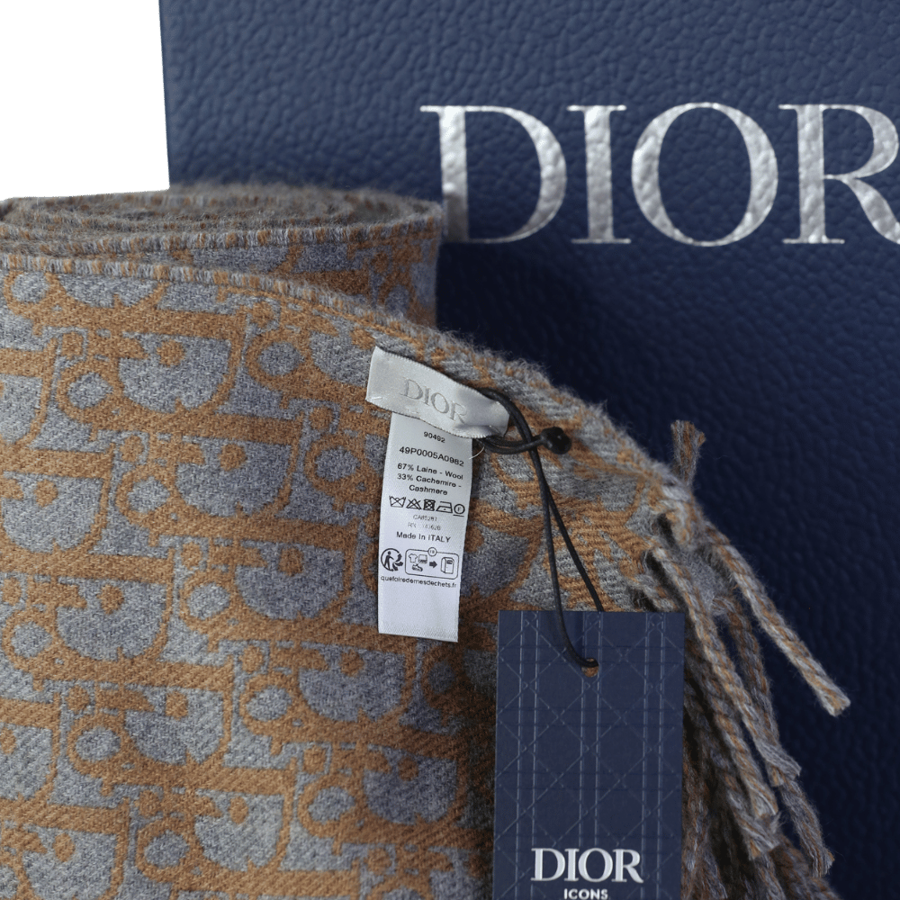 Dior Oblique Double-sided Scarf Grey And Brown Wool And Cashmere