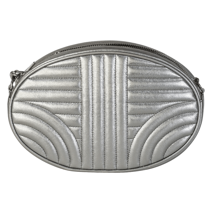 Prada Metallic Silver Diagramme Quilted Oval Crossbody Bag