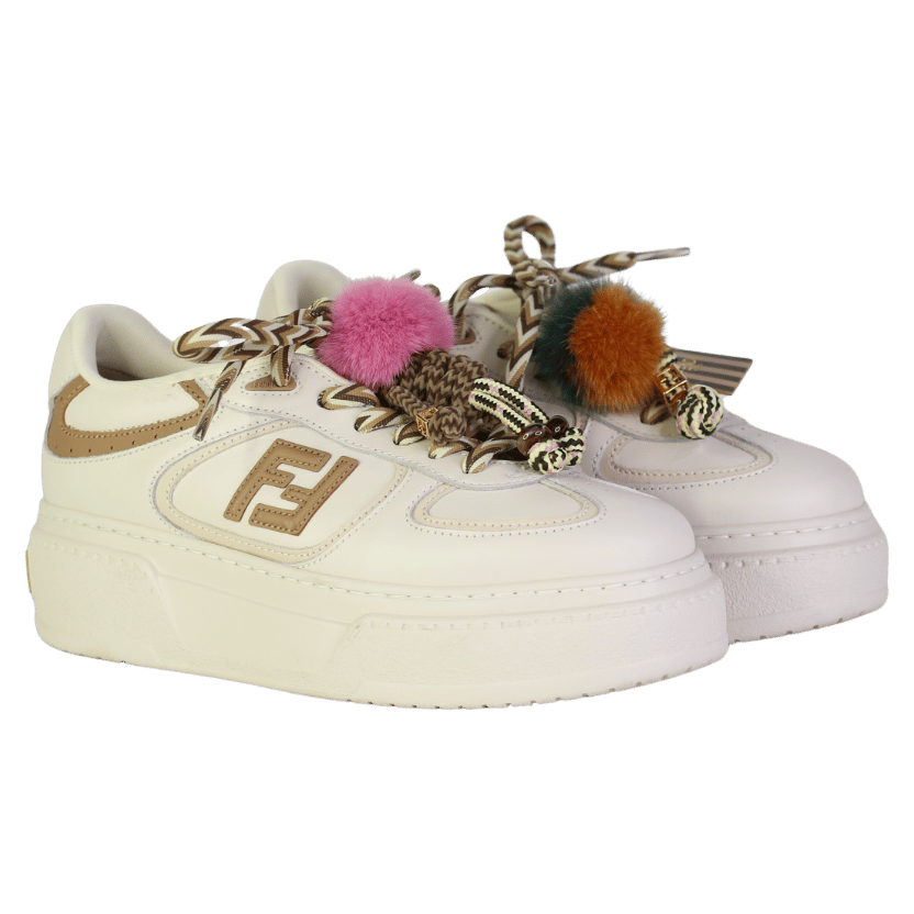FENDI Match Low Top Platform  Shoes In Ivory White Leather With Charms UK 4 EU 37 👠