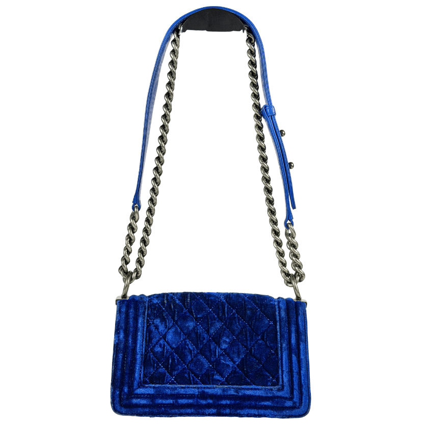 CHANEL Blue Quilted Mini Boy Bag With Antique Silver Hardware