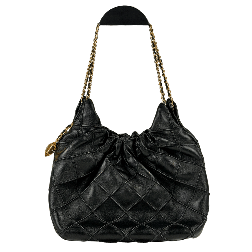 TORY BURCH Black Leather Mini Fleming Soft Hobo Bag with Hanging Logo Charm