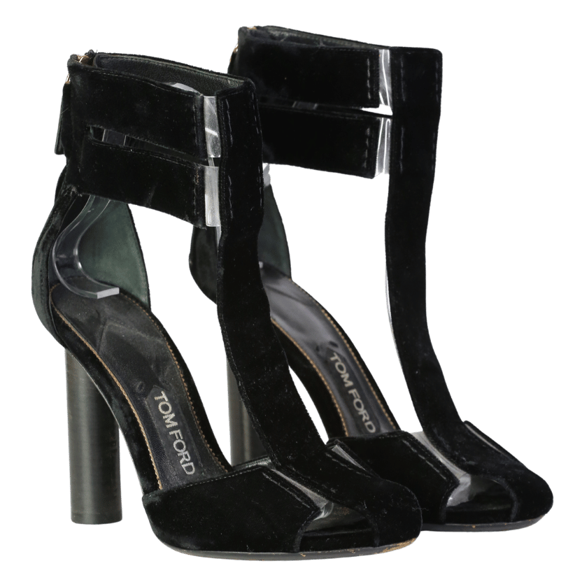 Tom Ford Black Pvc-trimmed Velvet T-bar Sandals In Black UK 4 EU 37 👠