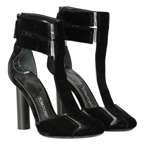 Tom Ford Black Pvc-trimmed Velvet T-bar Sandals In Black UK 4 EU 37 👠