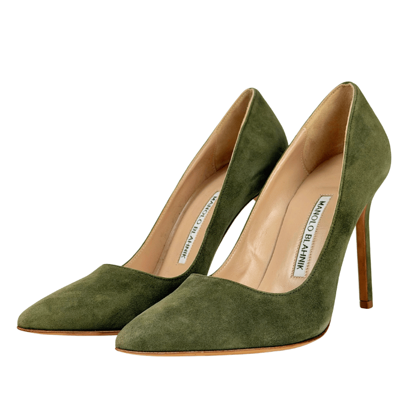 MANOLO BLAHNIK Olive Green Suede Classic Pointed Toe Heels UK 4 EU 37 👠
