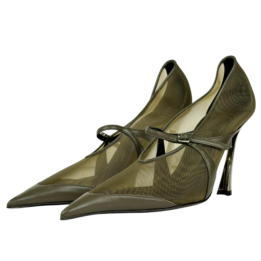 Mugler Green Leather And Mesh Mary Jane Sculptural Heel Shoes UK 7 EU 40 👠