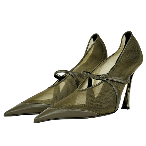 Mugler Green Leather And Mesh Mary Jane Sculptural Heel Shoes UK 7 EU 40 👠