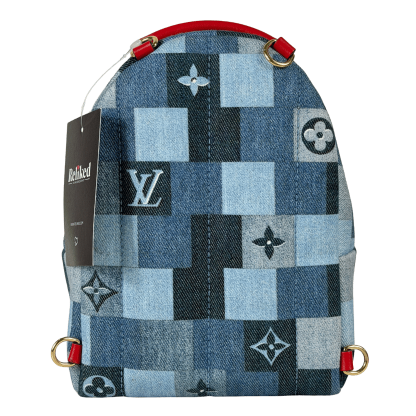 LOUIS VUITTON Denim Damier Monogram Patchwork Palm Springs Backpack Mini Blue Rouge - RARE