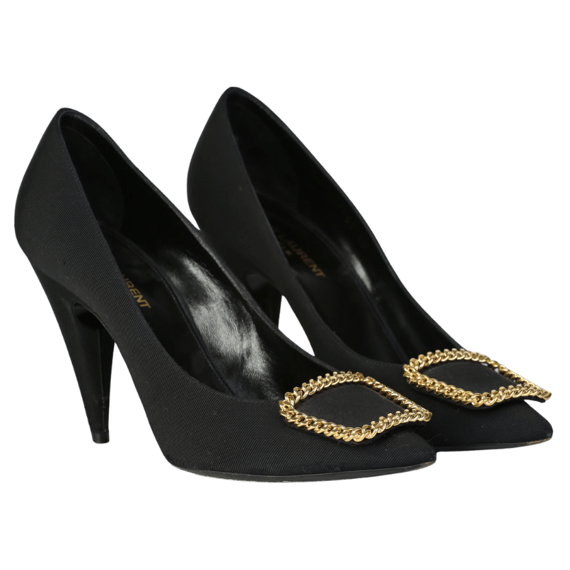 Saint Laurent Black  / Gold St Sulpice Chain-buckle Grosgrain Pumps UK 6 EU 39 👠
