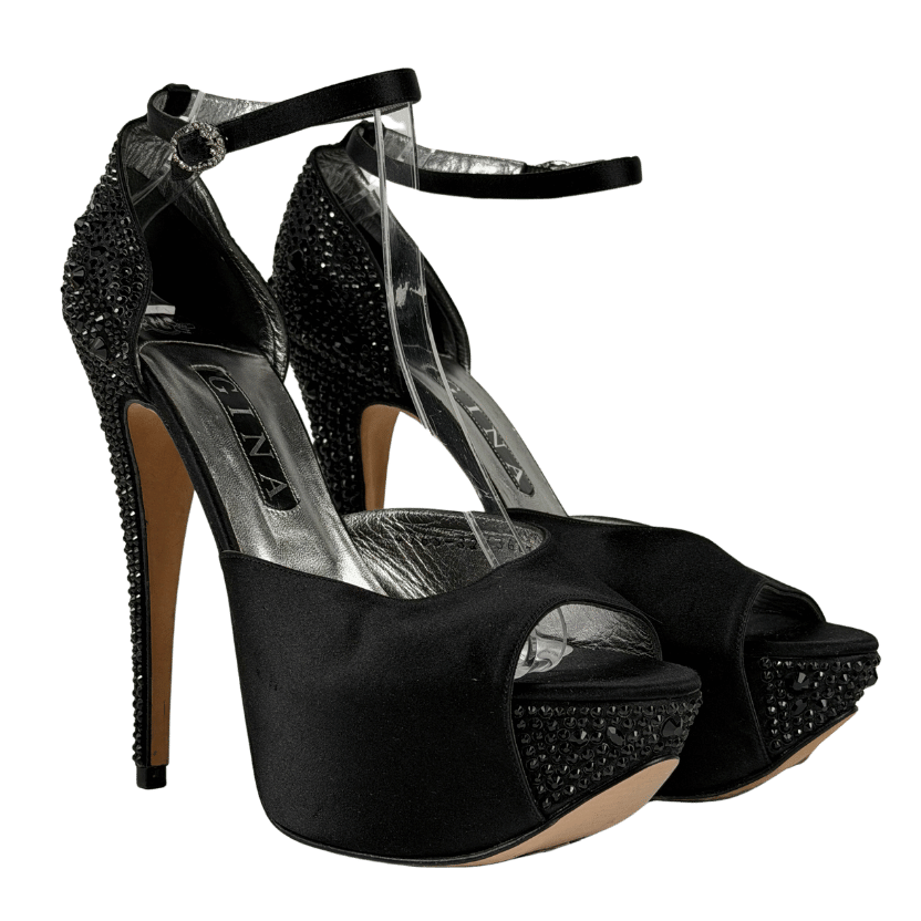 GINA Black Rhinestone-embellished Peep-toe Pumps UK 7 EU 40 👠